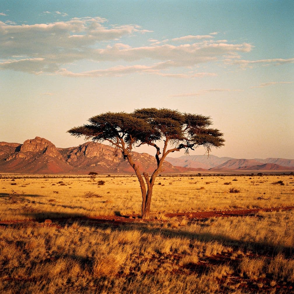 Illustrative image: a camelthorn tree on an open plain at dawn, mountains beyond