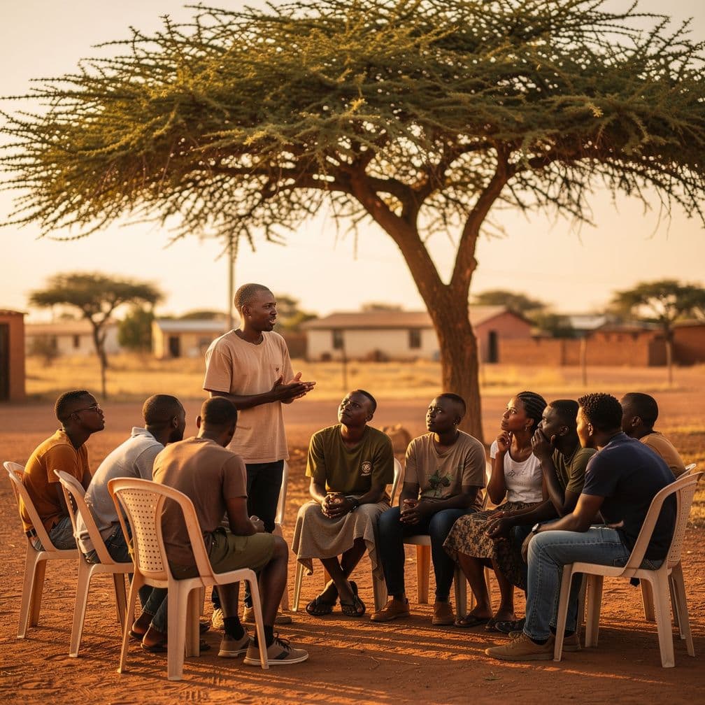 Illustrative image: young people at an outdoor community meeting under a camelthorn tree
