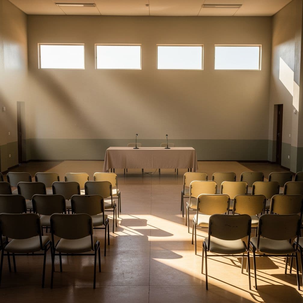 Illustrative image: an empty community hall set out for a meeting