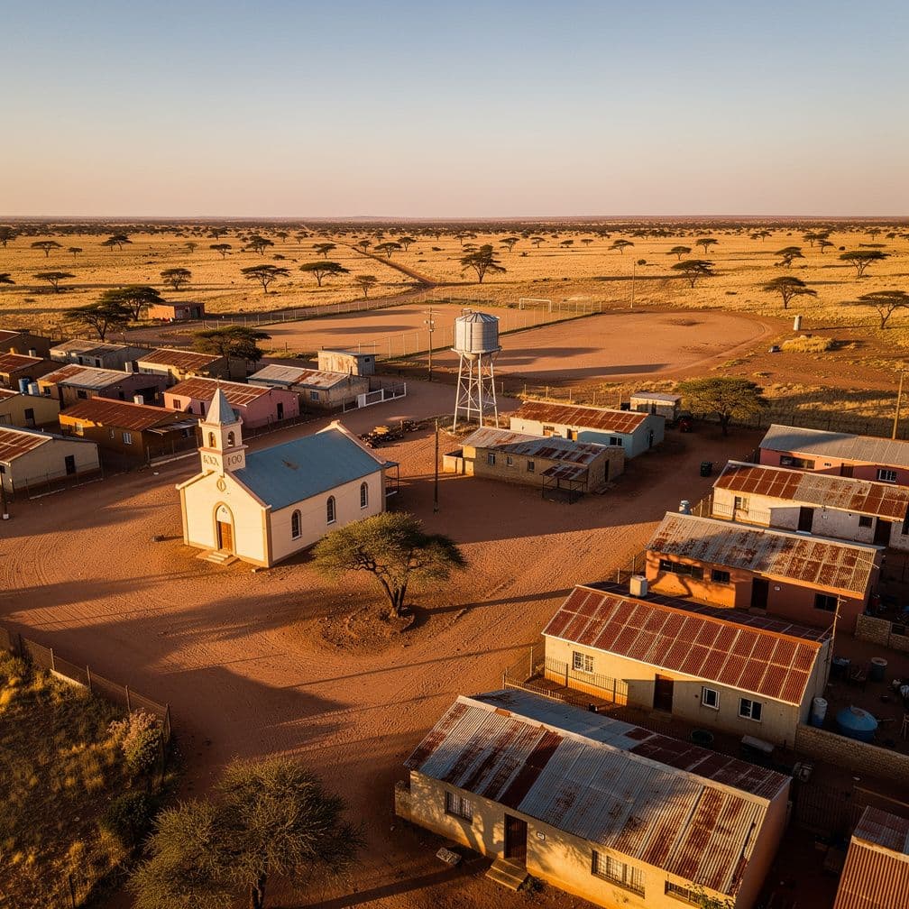 Illustrative image: a small town from the air at golden hour, savanna to the horizon